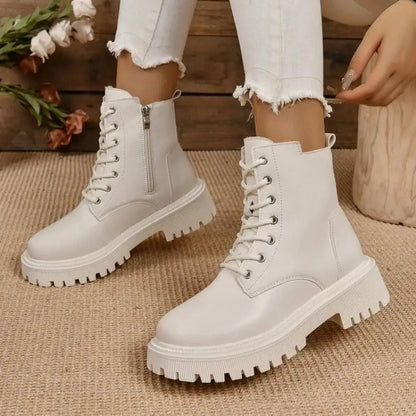 Optique-Bottes de rinçage longues en peluche pour femmes, à lacets, bottes de moto en cuir PU, chaussons courts, chaussures chaudes, grande taille, hiver 2024