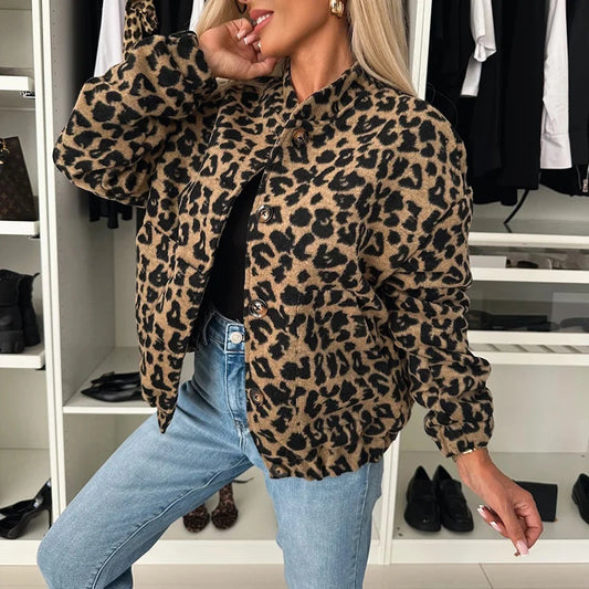 Vintage Leopard Print Baseball Coat Women Casual O-neck Zipper Long Sleeved Jackets Fashion High Street Pocket Short Outerwear